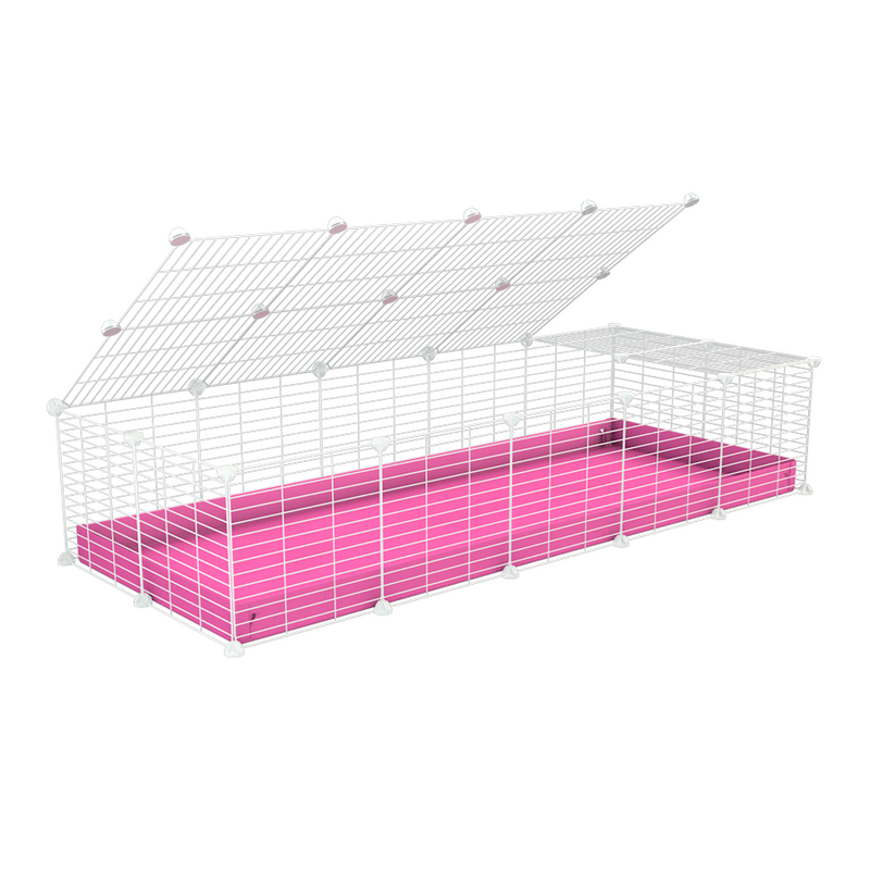 une cavy cage 5x2 pour cochons d'inde avec couvercle coroplast rose et grilles blanches avec barreaux etroits de kavee