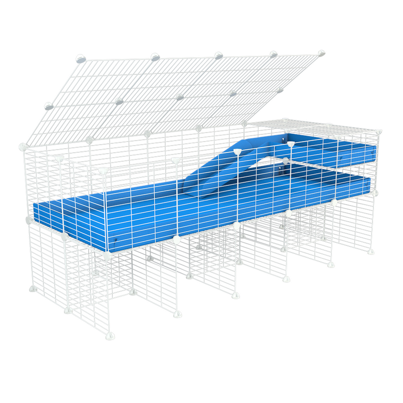 une kavee cage 5x2 pour cochons d'inde avec rehausseur couvercle loft rampe coroplast bleu et grilles blanches fines