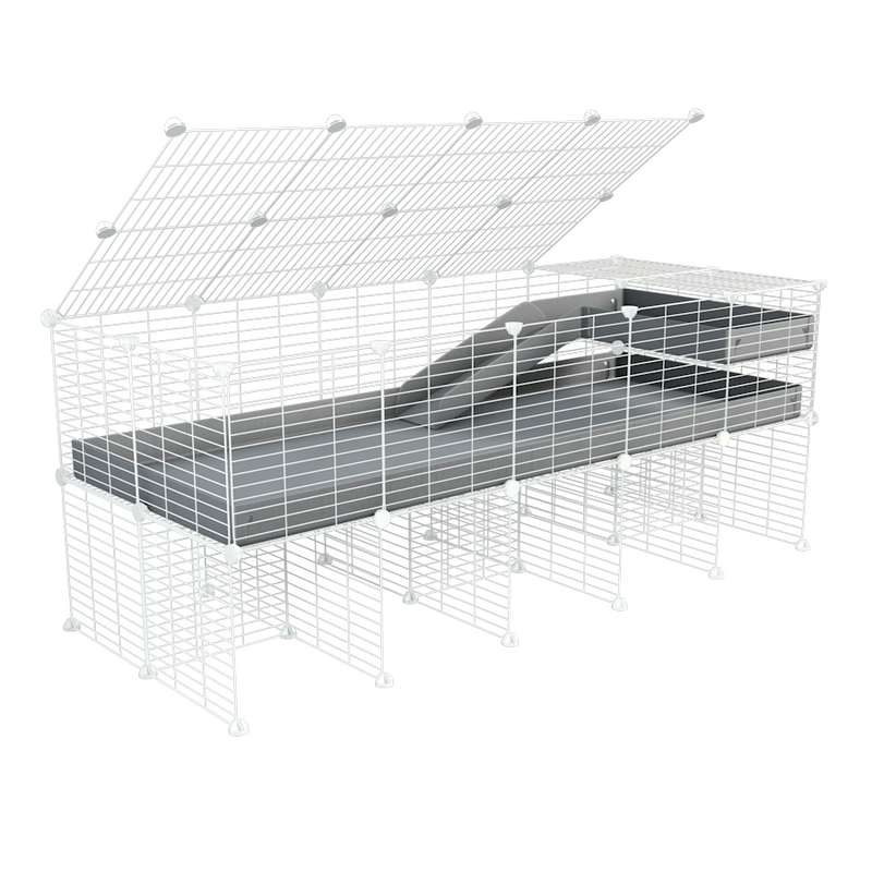 une cavy cage 5x2 pour cochons d'inde avec rehausseur couvercle loft rampe coroplast gris et grilles blanches kavee