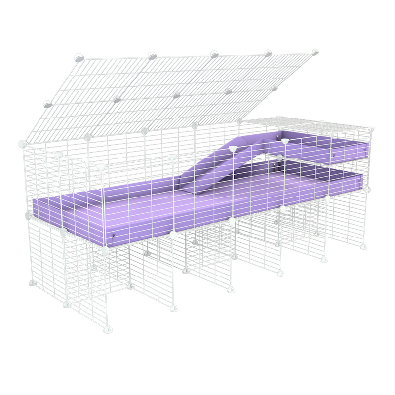 une kavee cage 5x2 pour cochons d'inde avec rehausseur couvercle loft rampe coroplast violet pastel et grilles blanches fines