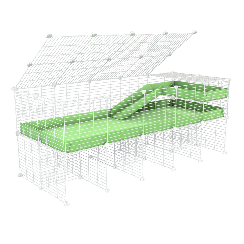 une cavy cage 5x2 pour cochons d'inde avec rehausseur couvercle loft rampe coroplast vert pastel et grilles blanches kavee