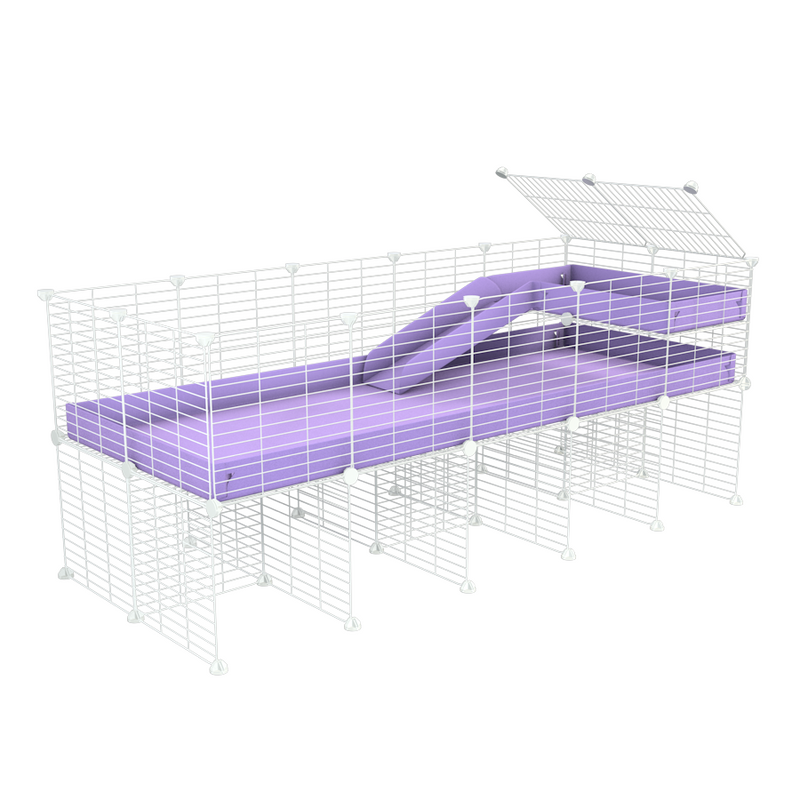 une kavee cage 5x2 pour cochons d'inde avec rehausseur loft rampe coroplast violet lilas et grilles blanches a petits trous