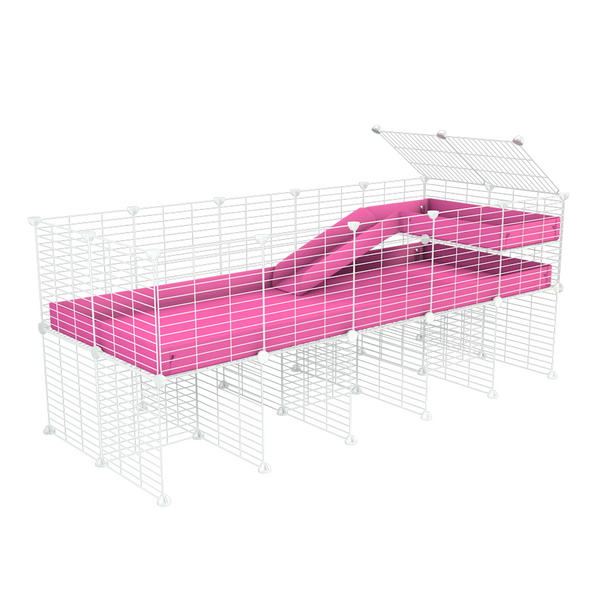 une cavy cage 5x2 pour cochons d'inde avec rehausseur loft rampe coroplast rose et grilles blanches a petits trous de kavee
