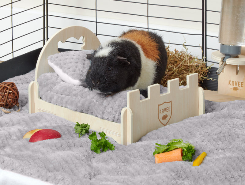 Cochon d'Inde tricolore utilisant le lit en bois recouvert d'un peepad et un oreiller en polaire gris pour cavy cage par Kavee