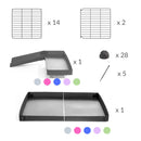 composition d'une cavy cage 4x2 pour cochons d'inde avec une rampe un loft un coroplast vert pistache et grilles fines sans danger de kavee