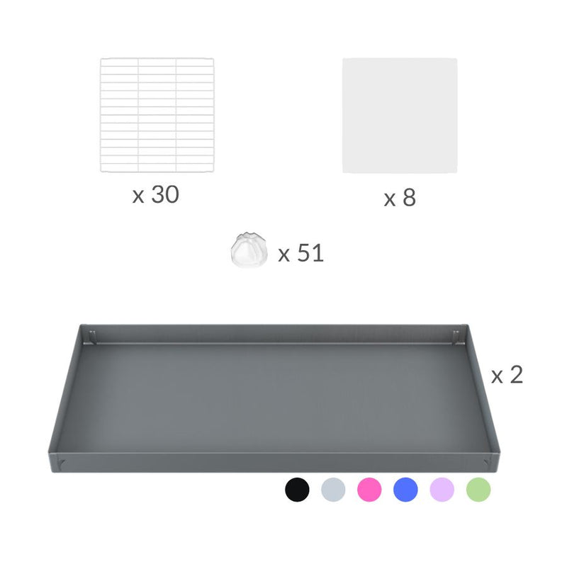 composition d'Une kavee cage double deux etages 4x2  avec panneaux transparents en plexiglass  pour cochons d'inde avec coroplast vert et grilles sans danger pour bebes