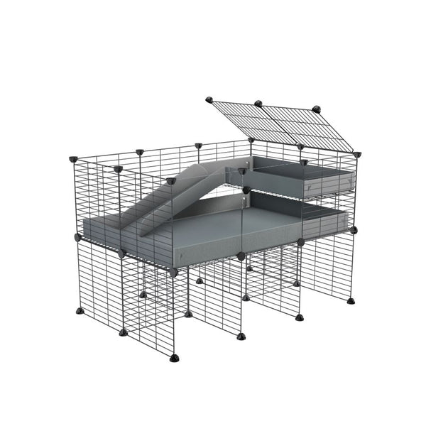 une kavee cage 3x2 pour cochons d'inde avec  avec panneaux transparents en plexiglass  rehausseur loft rampe coroplast gris et grilles fines petits trous