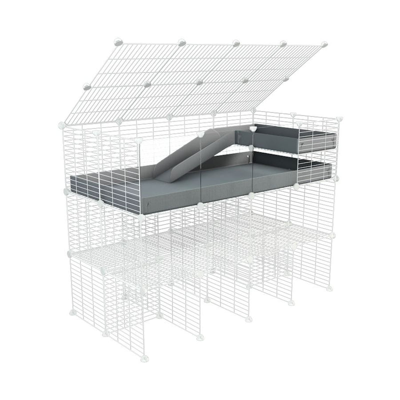 une kavee cage 4x2 pour cochons d'inde  avec panneaux transparents en plexiglass avec trois etages rampe couvercle coroplast gris et grilles blanches fines
