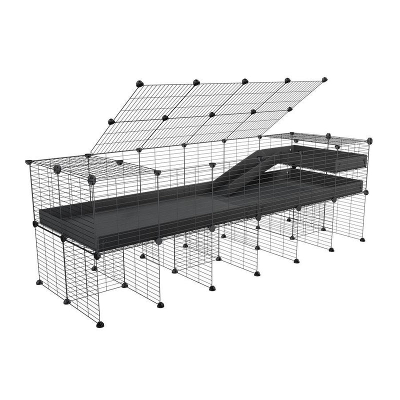 une cavy cage 6x2 pour cochons d'inde avec rehausseur couvercle loft rampe coroplast noir et grilles fines de kavee