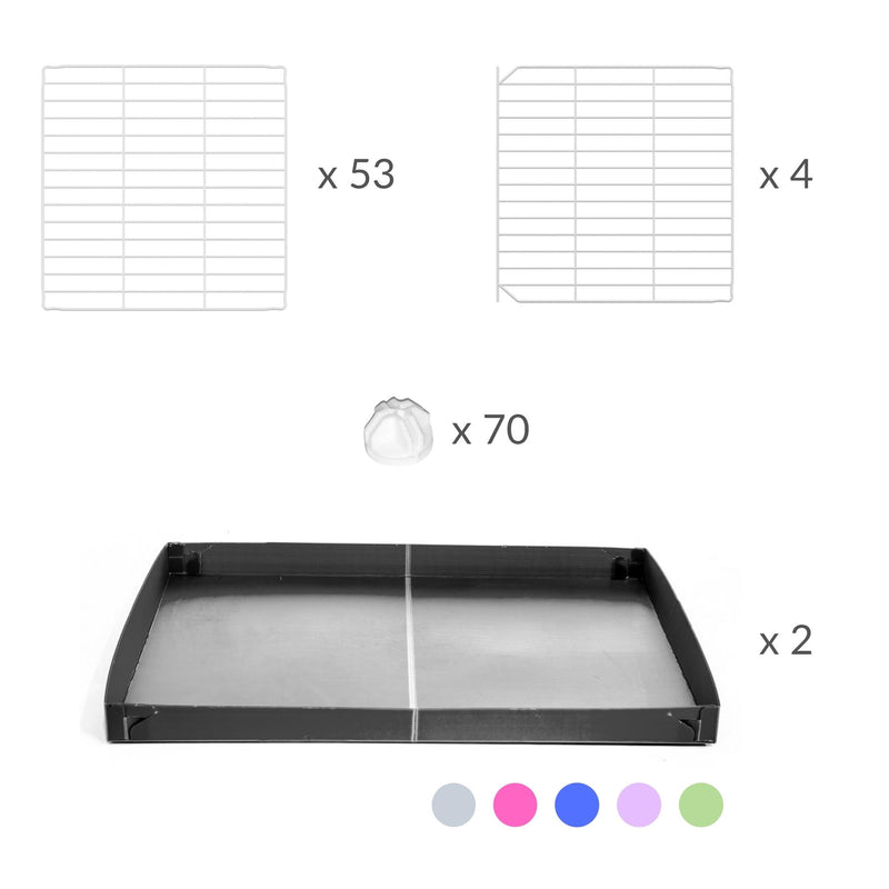 Composition d'une cavy cage 6x2 pour cochons d'inde avec rehausseur couvercle correx gris et grilles blanches   de kavee  