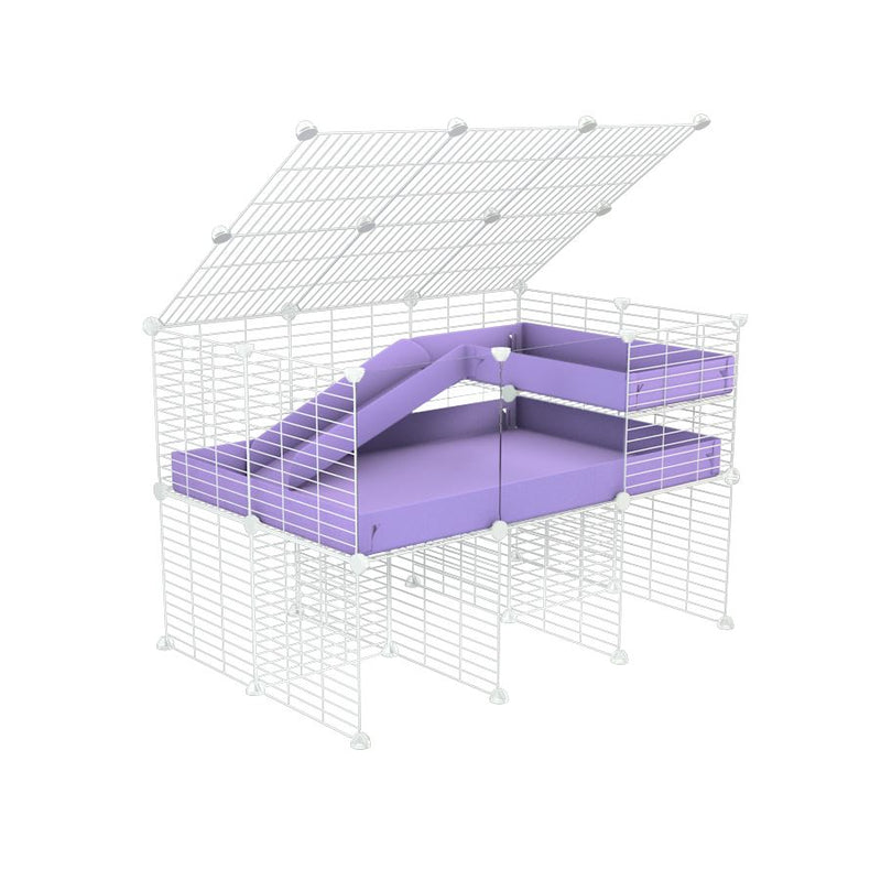 une kavee cage 3x2 avec panneaux transparents en plexiglass  pour cochons d'inde avec rehausseur couvercle loft rampe coroplast violet lilas et grilles blanches fines