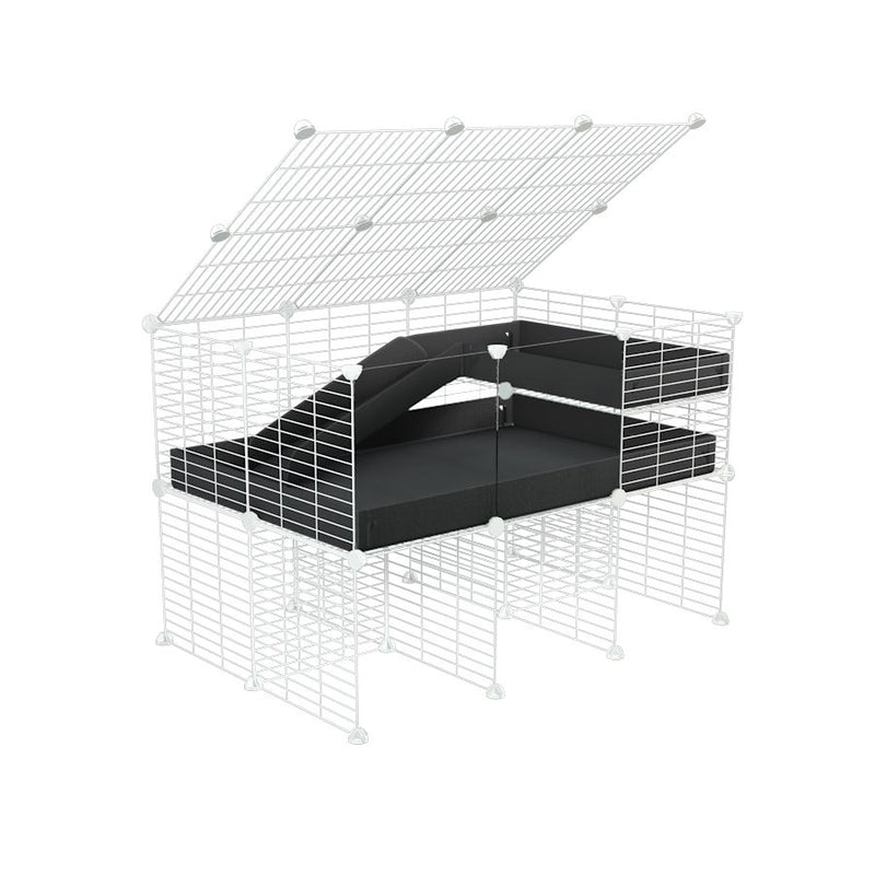 une cavy cage 3x2 avec panneaux transparents en plexiglass  pour cochons d'inde avec rehausseur couvercle loft rampe coroplast noir et grilles blanches de kavee