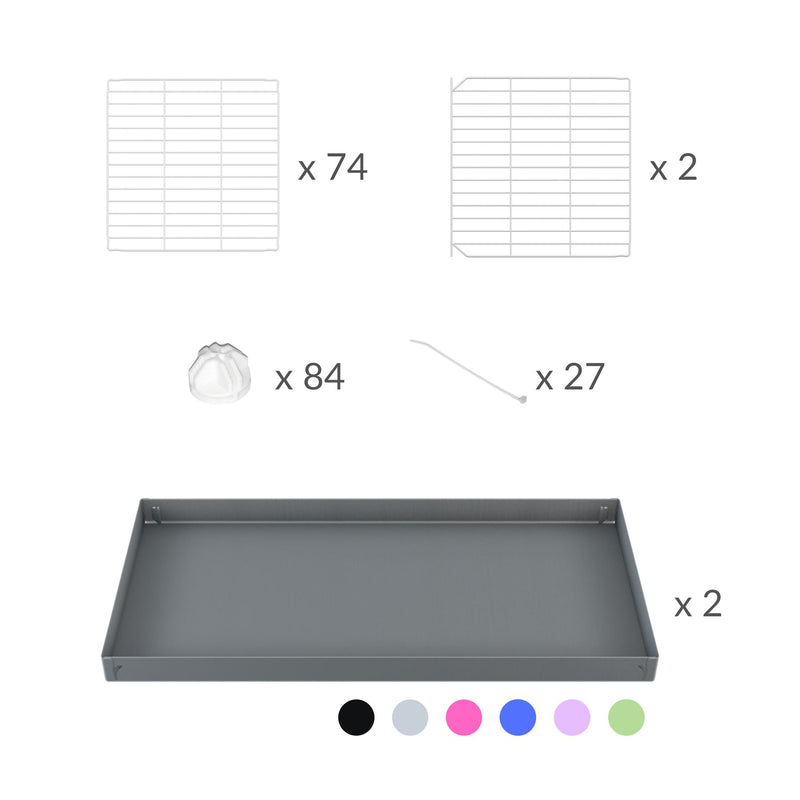 composition d'un kit kavee cage double blanche deux etages 4x2 avec etagere et stockage pour cochons d'inde avec coroplast et grilles