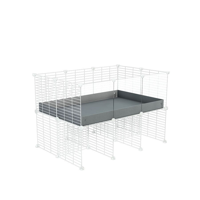 une cavy cage C&C 3x2 avec panneaux transparents en plexiglass  pour cobayes cochons d'inde avec rehausseur correx gris et grilles blanches fines de kavee france