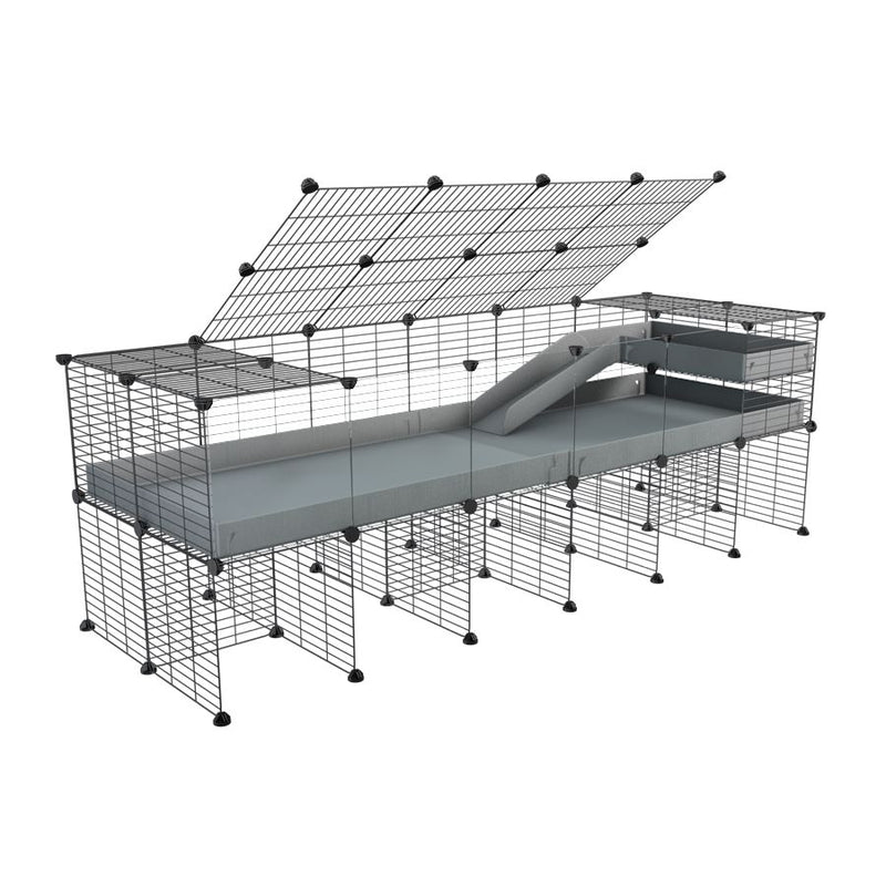 une cavy cage 6x2 avec panneaux transparents en plexiglass  pour cochons d'inde avec rehausseur couvercle loft rampe coroplast gris et grilles fines de kavee france