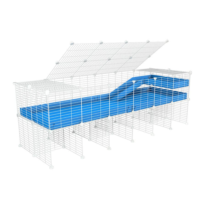 une kavee cage 6x2 pour cochons d'inde avec rehausseur couvercle loft rampe coroplast bleu et grilles blanches fines