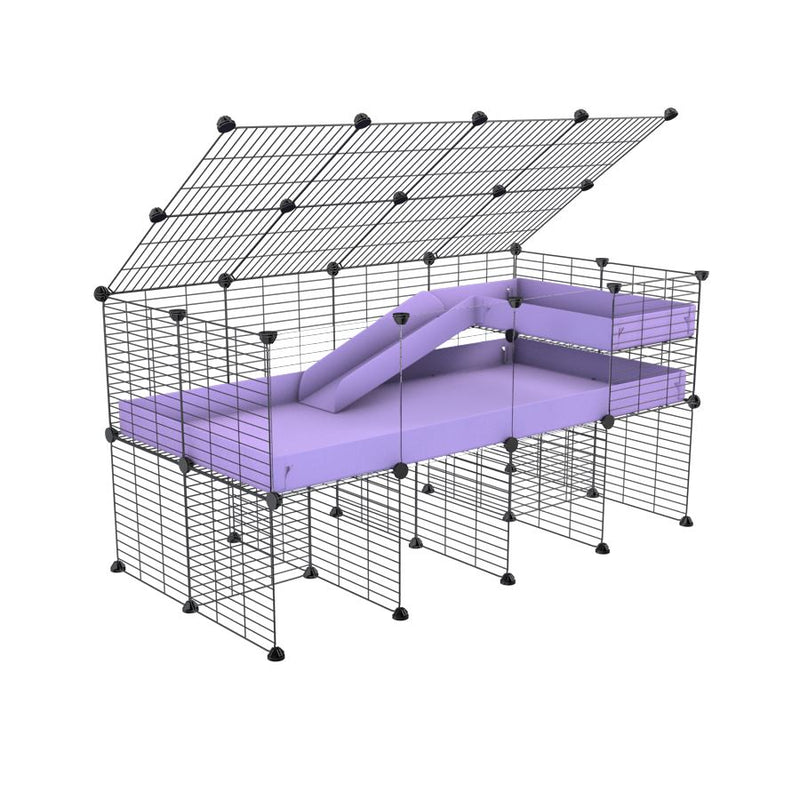 une kavee cage 4x2 avec panneaux transparents en plexiglass  pour cochons d'inde avec rehausseur couvercle loft rampe coroplast violet lilas et grilles fines