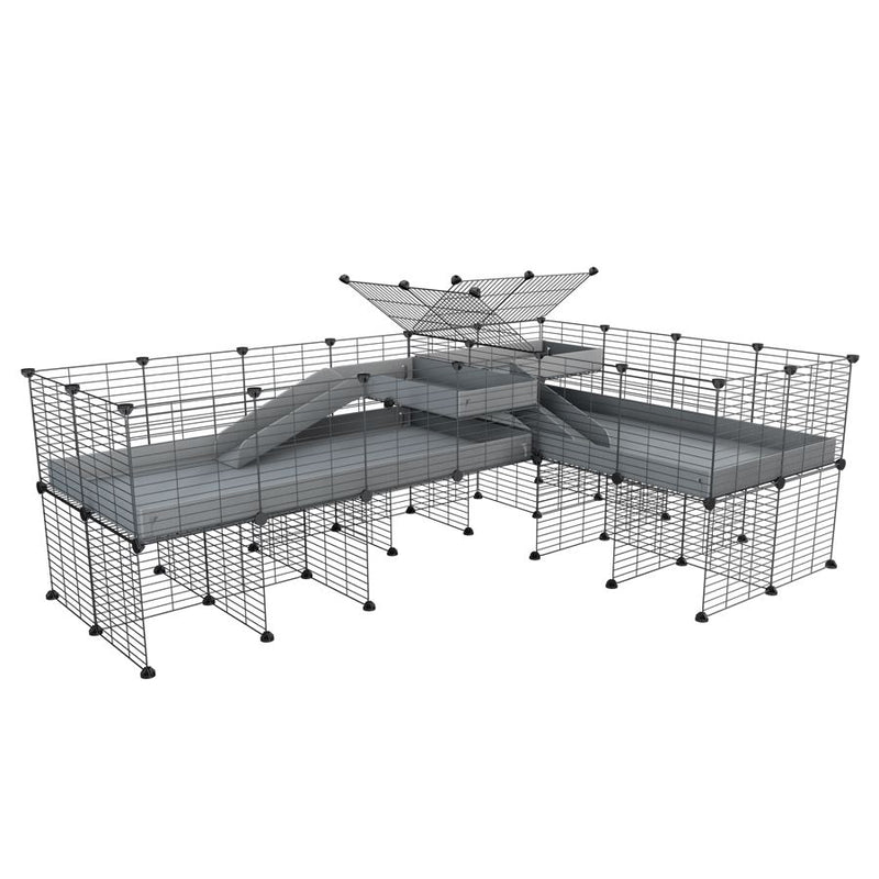 une cavy cage 8x2 de coin avec stand et loft avec separation pour cochons d'inde qui se battent ou en quarantaine avec coroplast gris kavee