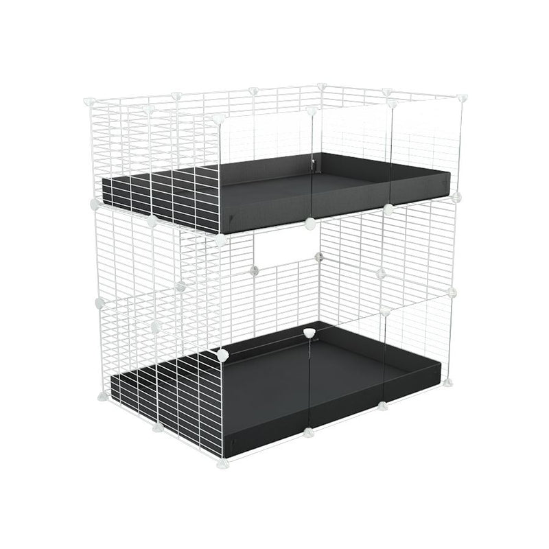 Une kavee cage double deux etages 3x2 avec panneaux transparents en plexiglass  pour cochons d'inde avec coroplast noir et grilles blanches avec petits trous