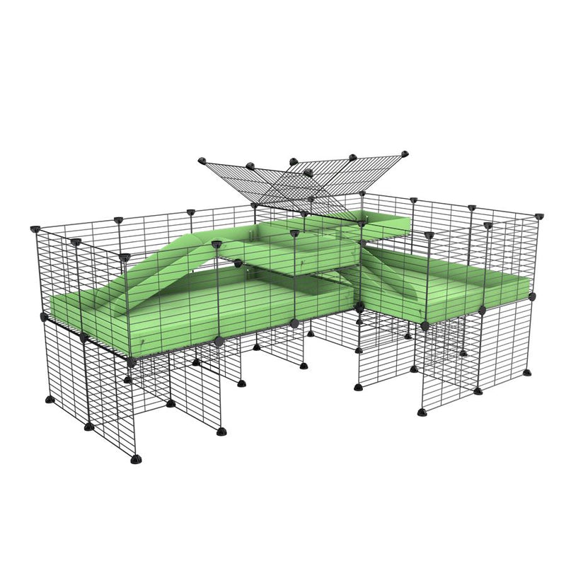une cavy cage 6x2 en L avec stand et loft avec separation pour cochons d'inde qui se battent ou en quarantaine avec coroplast vert kavee