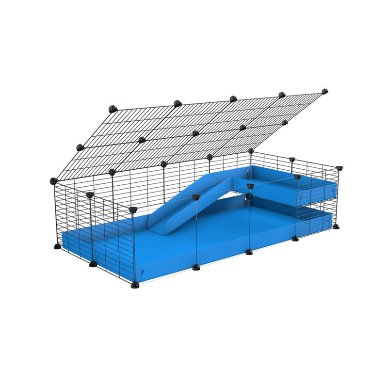 une kavee cage 4x2  avec panneaux transparents en plexiglass pour cochons d'inde avec une rampe un couvercle un coroplast bleu et grilles ok pour bebes
