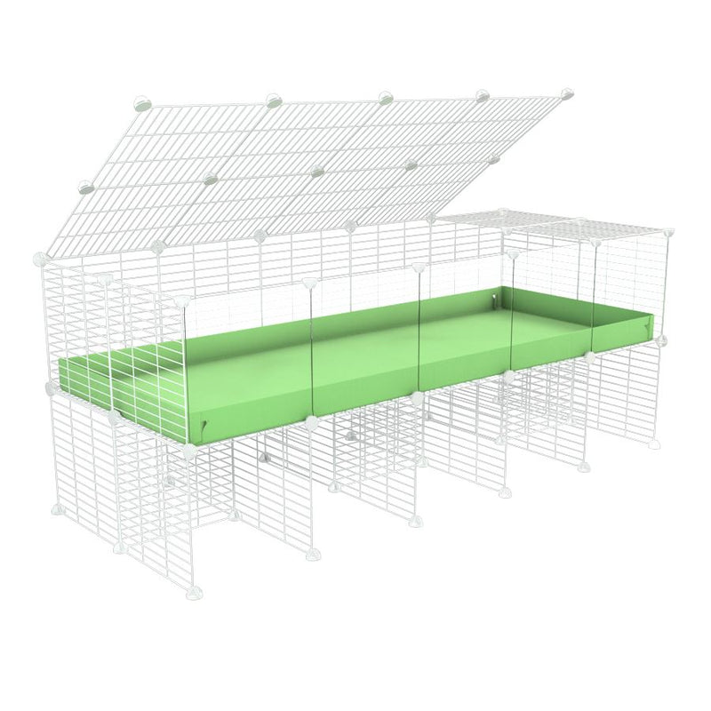 une kavee cage 5x2 avec panneaux transparents en plexiglass  pour cochons d'inde avec rehausseur couvercle correx vert pistache et grilles blanches fines