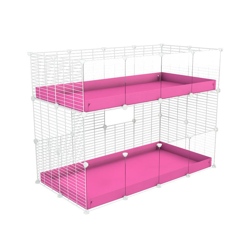 Une kavee cage double deux etages 4x2 avec panneaux transparents en plexiglass  pour cochons d'inde avec coroplast rose et grilles blanches sans danger pour bebes