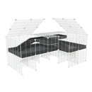 une cavy cage blanche 6x2 en L avec stand et loft avec couvercle et separation pour cochons d'inde qui se battent ou en quarantaine avec coroplast noir kavee