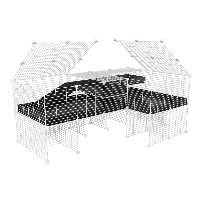 une cavy cage blanche 6x2 en L avec stand et loft avec couvercle et separation pour cochons d'inde qui se battent ou en quarantaine avec coroplast noir kavee