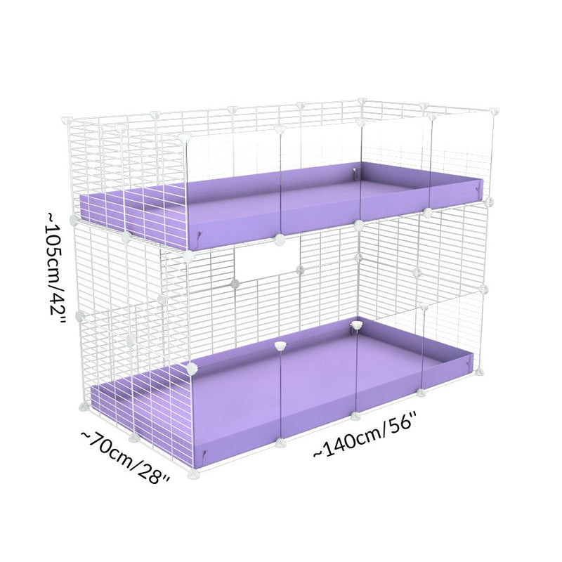 Taille d'Une kavee cage double deux etages 4x2  avec panneaux transparents en plexiglass  pour cochons d'inde avec coroplast violet mauve pastel lilas et grilles sans danger pour bebes