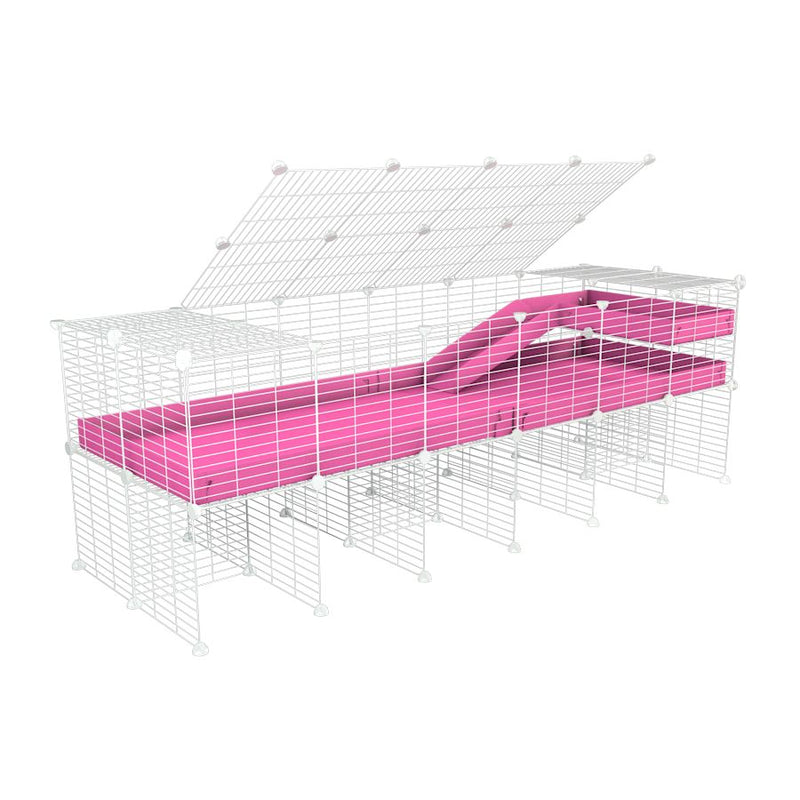une cavy cage 6x2 pour cochons d'inde avec rehausseur couvercle loft rampe coroplast rose et grilles blanches fines de kavee
