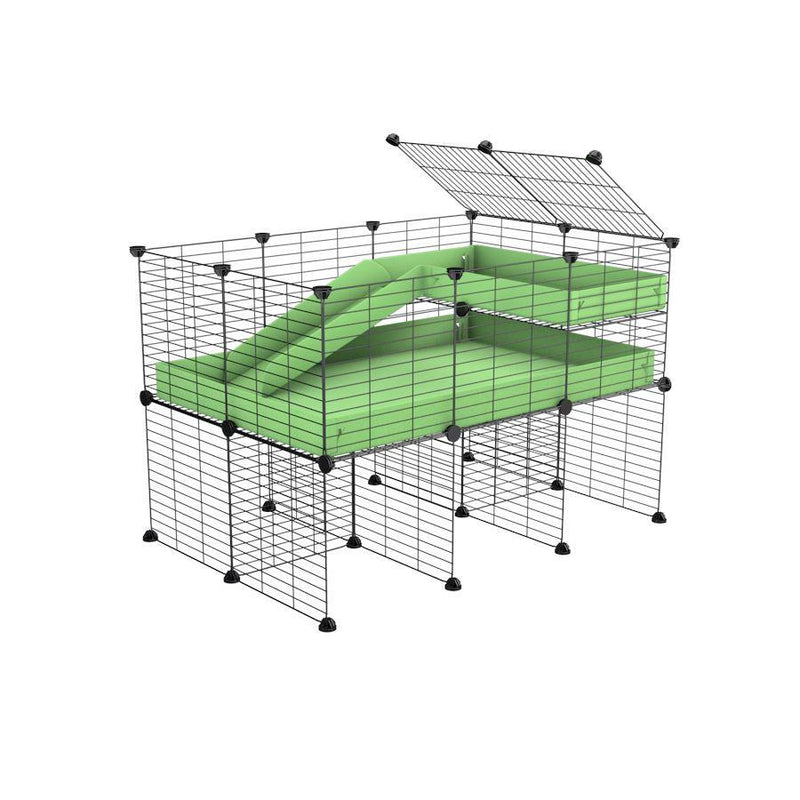 une cavy cage 3x2 pour cochons d'inde avec rehausseur loft rampe coroplast vert pistache et grilles a petits trous