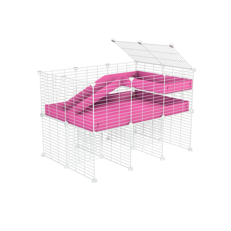 une cavy cage 3x2 pour cochons d'inde avec rehausseur loft rampe coroplast rose et grilles blanches petits trous de kavee