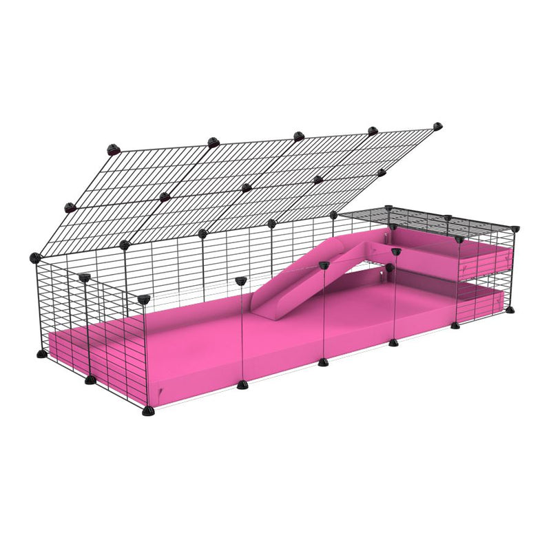 une cavy cage 5x2  avec panneaux transparents en plexiglass pour cochons d'inde avec une rampe un loft un couvercle un coroplast rose et grilles ok pour bebes