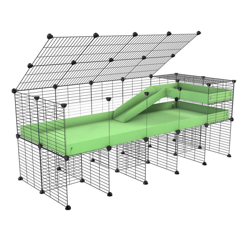une cavy cage 5x2  avec panneaux transparents en plexiglass pour cochons d'inde avec rehausseur couvercle loft rampe coroplast vert pastel et grilles fines de kavee