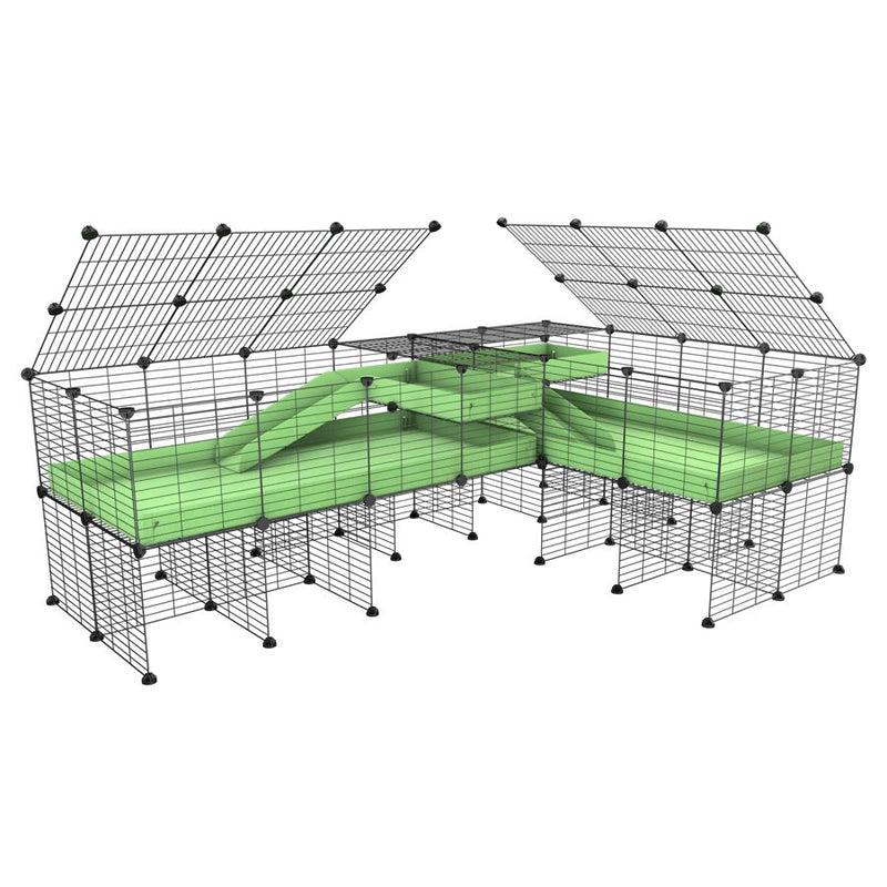 une cavy cage 8x2 de coin avec stand et loft avec couvercle et separation pour cochons d'inde qui se battent ou en quarantaine avec coroplast vert kavee
