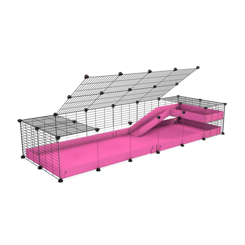 une cavy C&C cage 6x2  avec panneaux transparents en plexiglass pour cochons d'inde avec une rampe un loft un toit un coroplast rose et grilles fines pour bebes