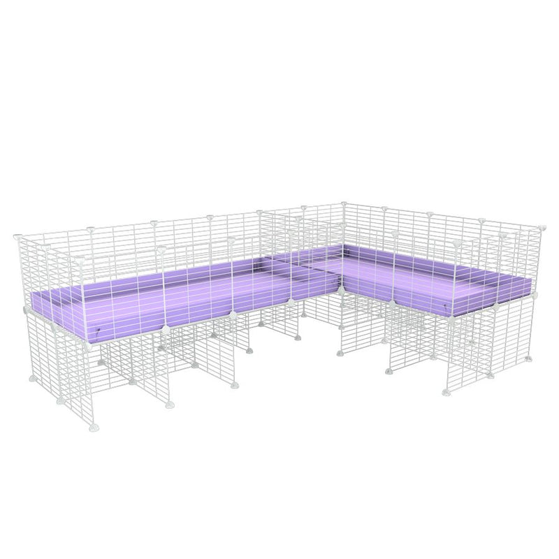une cavy cage blanche 8x2 en L avec stand avec division pour cochons d'inde qui se battent ou en quarantaine avec coroplast lilas violet kavee