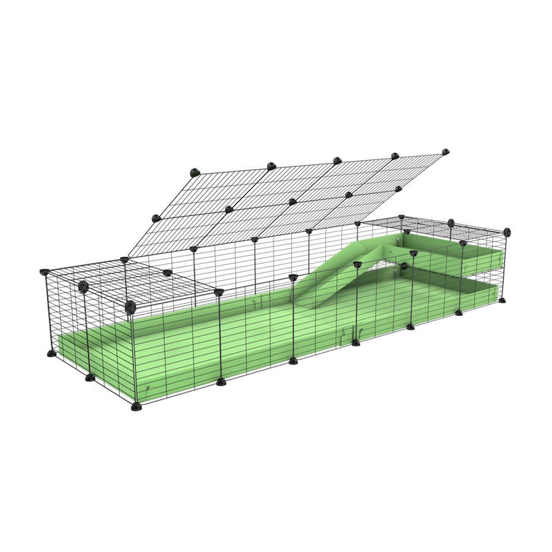 une cavy cage 6x2 pour cochons d'inde avec une rampe un loft un toit un coroplast vert et grilles fines de kavee france