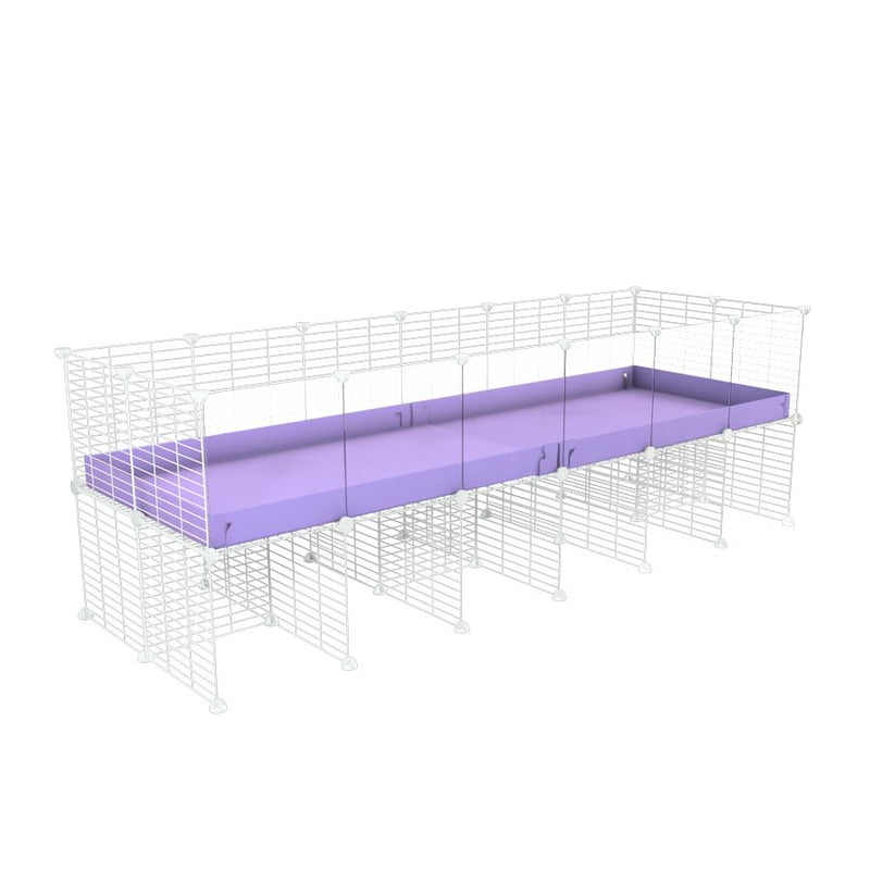 une kavee cage C&C 6x2 avec panneaux transparents en plexiglass  pour cobayes cochons d'inde avec rehausseur correx violet pastel et grilles blanches fines