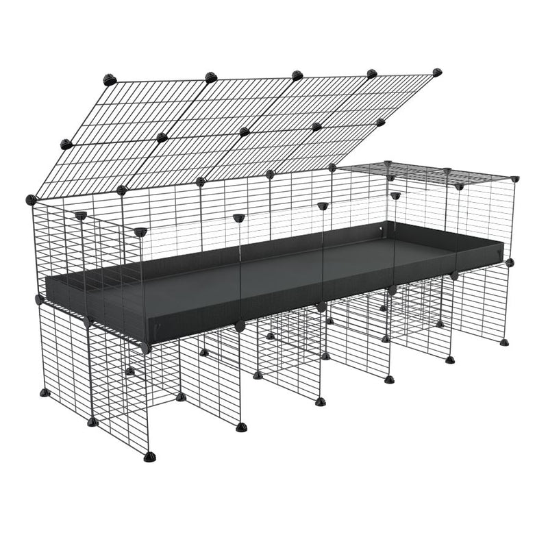 une cavy cage 5x2 avec panneaux transparents en plexiglass pour cochons d'inde avec rehausseur couvercle correx noir et grilles fines de kavee france
