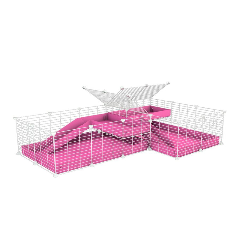 une cavy cage blanche 6x2 en L avec loft avec separation pour cochons d'inde qui se battent ou en quarantaine avec coroplast rose kavee
