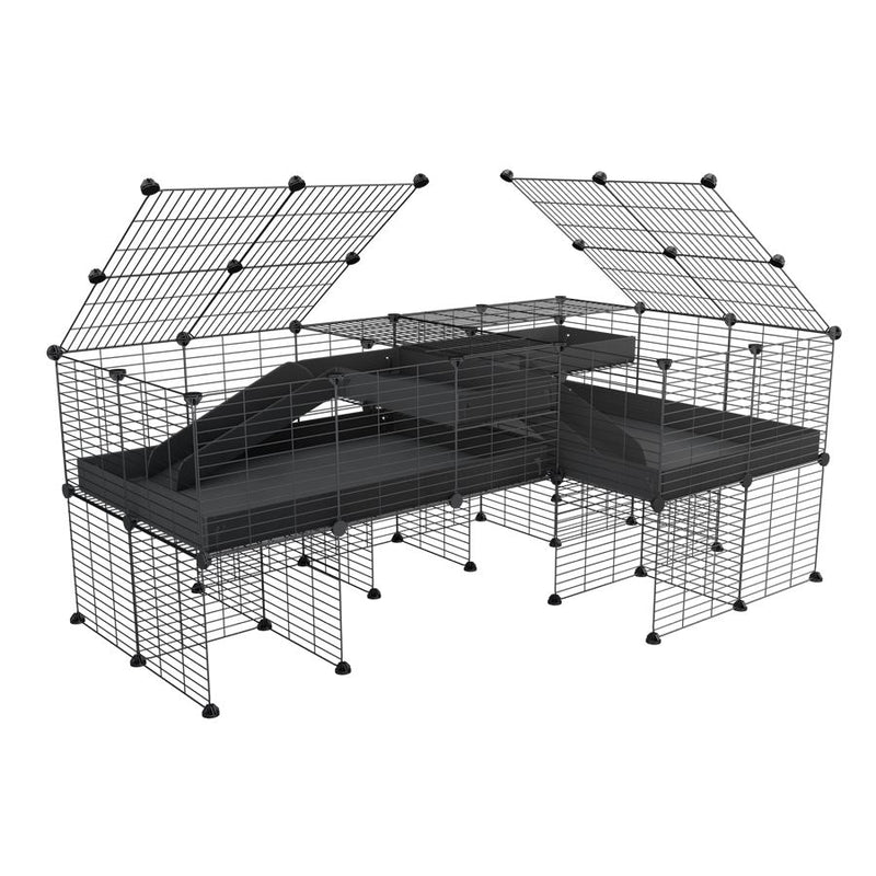 une cavy cage 6x2 en L avec stand et loft avec couvercle et separation pour cochons d'inde qui se battent ou en quarantaine avec coroplast noir kavee
