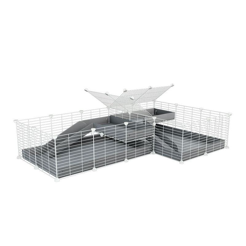 une cavy cage blanche 6x2 en L avec loft avec separation pour cochons d'inde qui se battent ou en quarantaine avec coroplast gris kavee