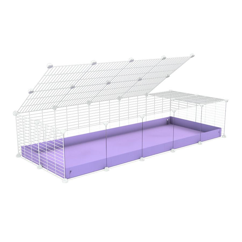 une kavee cage 5x2 avec panneaux transparents en plexiglass  pour cochons d'inde avec couvercle coroplast violet lilas et grilles blanches avec barreaux etroits