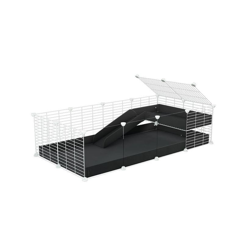 une cavy cage 4x2 avec panneaux transparents en plexiglass  pour cochons d'inde avec une rampe un loft un coroplast noir et grilles blanches sans danger kavee