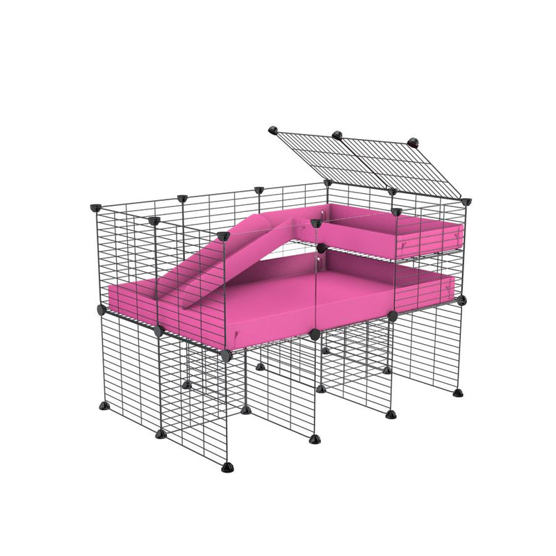 une cavy cage 3x2 pour cochons d'inde  avec panneaux transparents en plexiglass  avec rehausseur loft rampe coroplast rose et grilles fines petits trous de kavee france