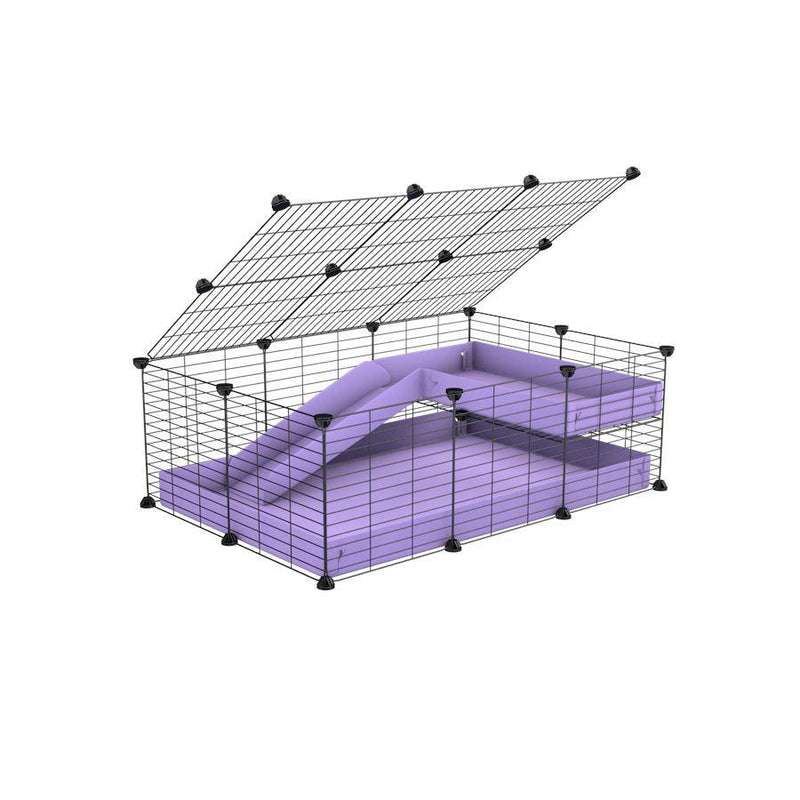 une cavy cage 3x2 pour cochons d'inde avec une rampe un loft un couvercle un coroplast violet et grilles