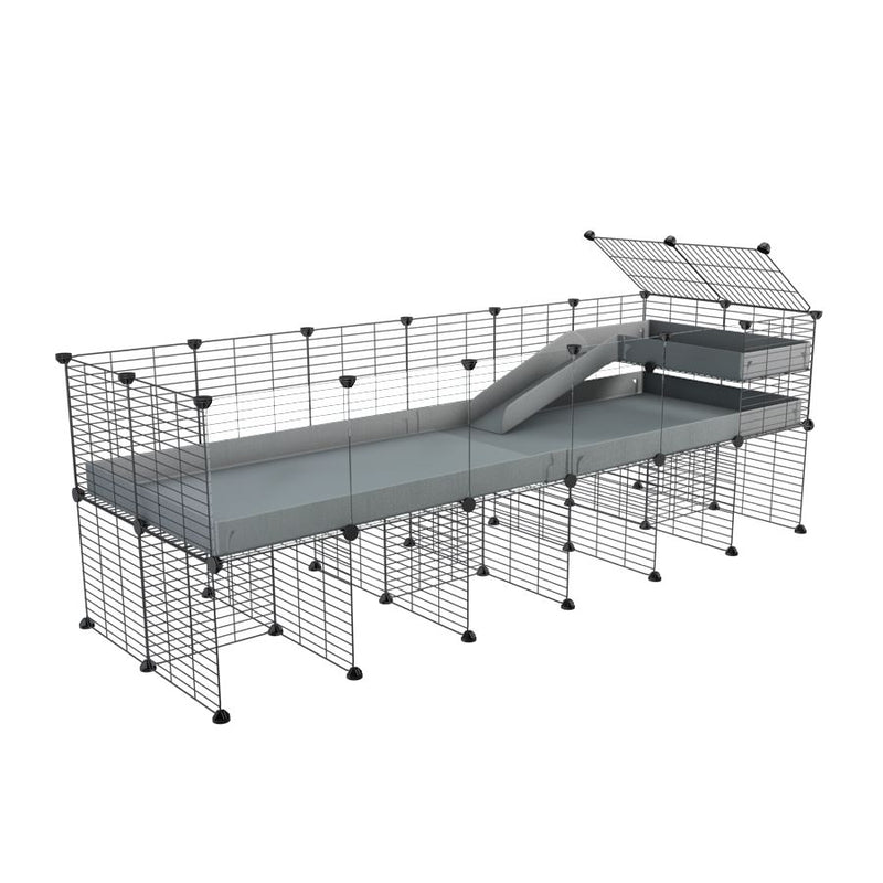 une cavy cage 6x2  avec panneaux transparents en plexiglass pour cochons d'inde avec rehausseur loft rampe coroplast gris et grilles fines petits trous de kavee france