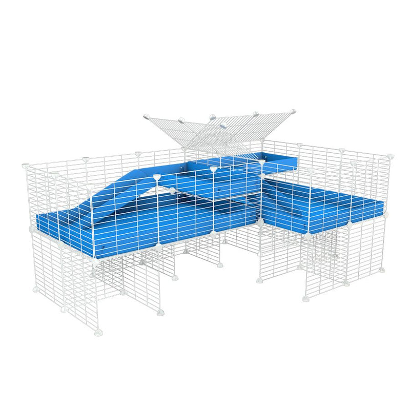 une cavy cage blanche 6x2 en L avec stand et loft avec separation pour cochons d'inde qui se battent ou en quarantaine avec coroplast bleu kavee